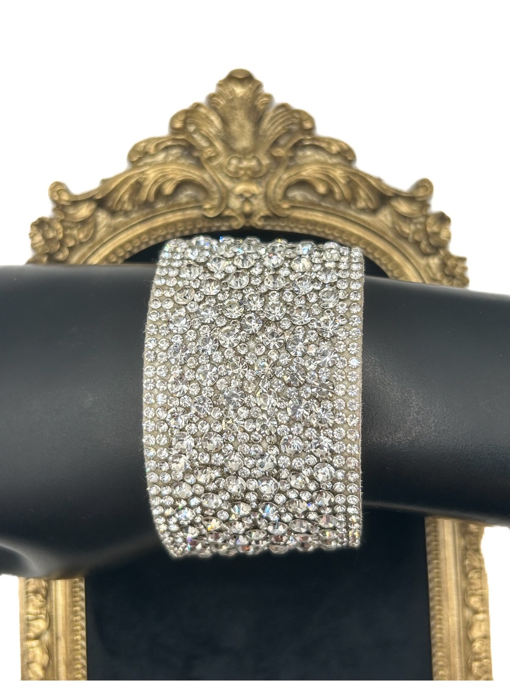 Sparkly Pavé Rhinestone Wide Cuff Bracelet, Y2K Silver Tone Turn Lock